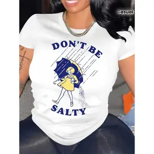Women's "Don't Be Salty" Printed Short-Sleeve T-shirt, Casual & Sporty Style, Fashionable Round Neck Tee for Everyday Wear
