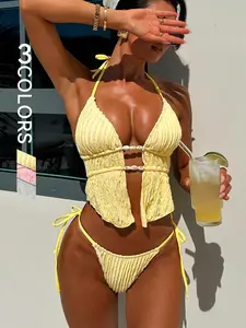 Sexy Two-Piece Bikini Set with Tie Straps, High-Waist Cut-Out Design, Casual Beach Vacation Swimwear for Women, High Waist Swimsuit