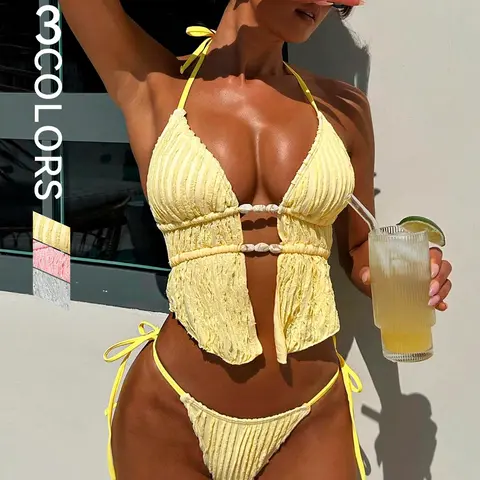 Sexy Two-Piece Plain Bikini Set with Tie Straps, High-Waist Cut-Out Design, Casual Beach Vacation Swimwear for Women, High Waist Swimsuit, Bikinis Set, Beachwear Swimsuit