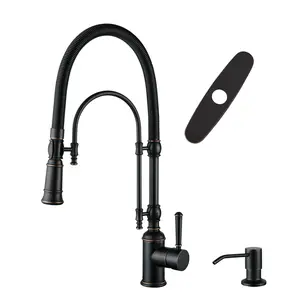 WOWOW 2-Function Single-Handle High Arc Gooseneck Pull-Down Sprayer Kitchen Faucet, Solid Brass with Spring Tube, Oil Rubbed Bronze Finish, Includes Soap Dispenser & Faucet Attachment, High Arc Faucet