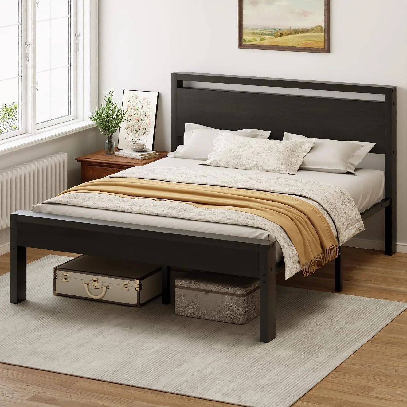 Queen Metal Bed Frame with Wooden Headboard & Footboard, 14 Inch Heavy Duty Platform Bed, Noise-Free Steel Slat Support, Large Under-Bed Storage Space, No Box Spring Required, Holds Up to 1000 Lbs for Bedroom Apartment