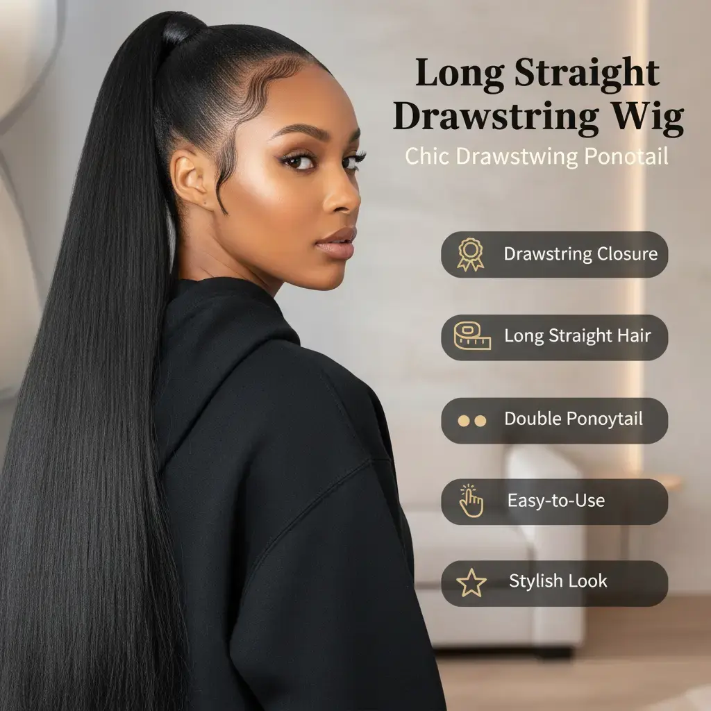 Drawstring Wig Ponytail for Women, Long Straight Hair Braid, Double Ponytail