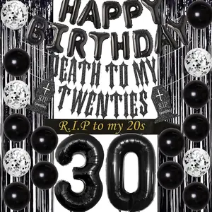 30th Birthday Party SuppliesBlack Death to My Twenties Banner, Number 30 Foil Balloons Set