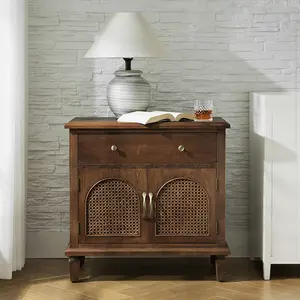 HULALA HOME End Table with Charging Station and Adjustable Shelf, Wooden Side Table with Faux Rattan Doors, HULALA HOME Nightstand with Power Outlet and Cable Management for Living Room Bedroom
