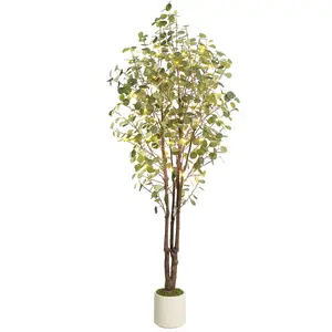 Realistic LED Fairy Faux Eucalyptus Tree, Faux Plastic Potted Indoor Plant in White Planter, Large Floor Decor for Home, Office Gift & Wedding Use