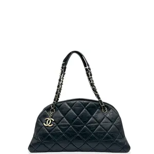Pre-owned CHANEL Leather tote bags Quilted Medium Just Mademoiselle Bowling Calfskin Black (ym040126g0)