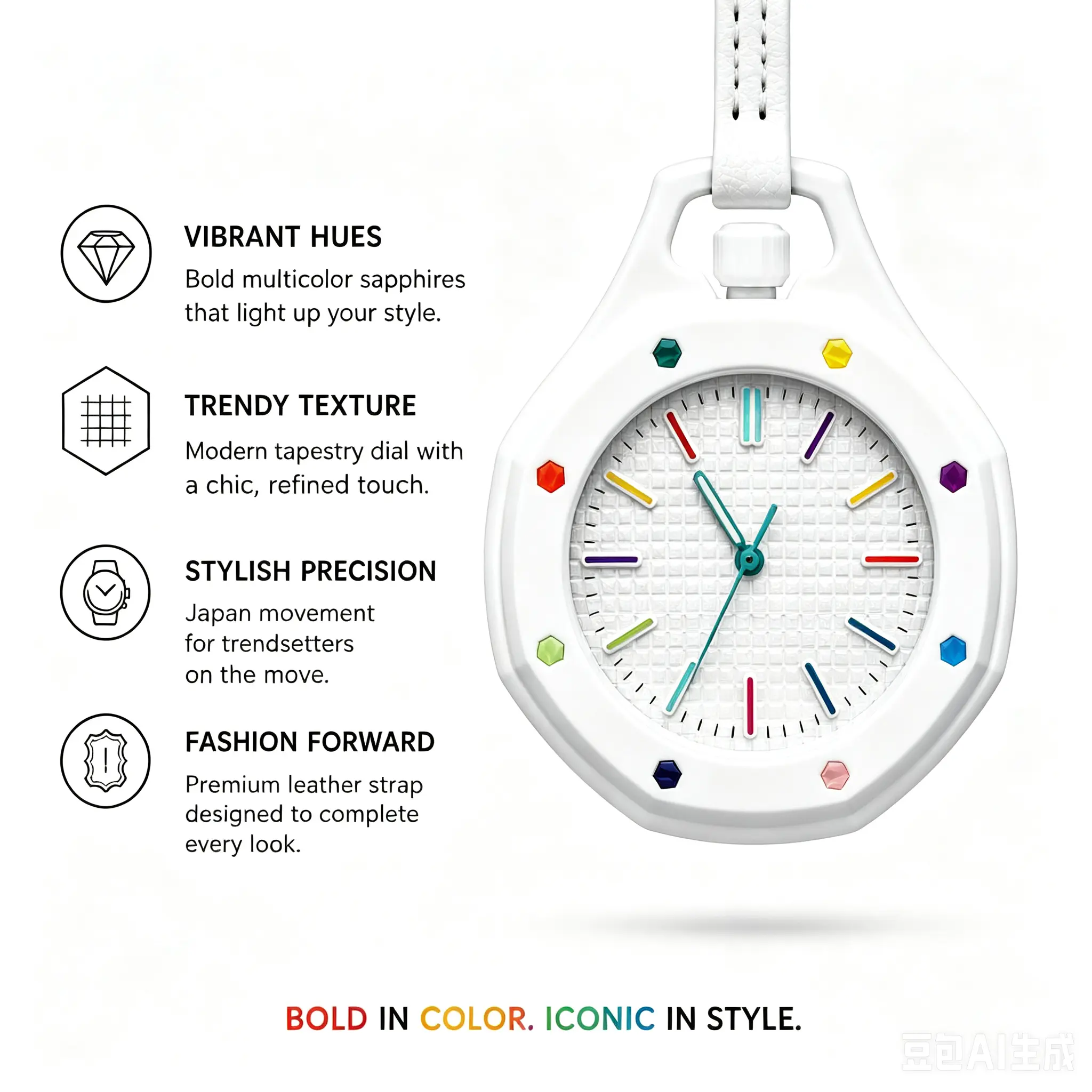 White Octagon Hanging Pocket Watch with Rainbow Crystal Markers, Textured Grid Dial Analog Bag Clip Watch, Soft White Leather Lanyard Pendant Watch, Fashion Colorful Minimalist Portable Timepiece Gift for Men Women