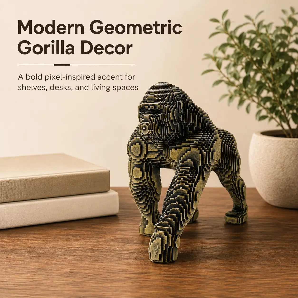 Modern Geometric Resin Gorilla Statue - 6.46" Artistic Pixel Art Block-Style Figurine, Home Decor for Living Room, Office Desk