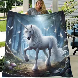 Boho Style Unicorn Flannel Blanket - Hypoallergenic, Hand Wash, Knitted Polyester, All-Season, Multipurpose, Animal Theme, HD Digital Print, Soft Flannel Bedding For Sofa, Bedroom, Gift