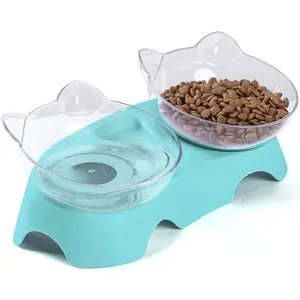 Cat Bowls, Cat Food Bowls Elevated Tilted, Anti Vomiting Kitty Bowl for Puppy and Bunny, Orthopedic Bowl for Indoor.(Blue)