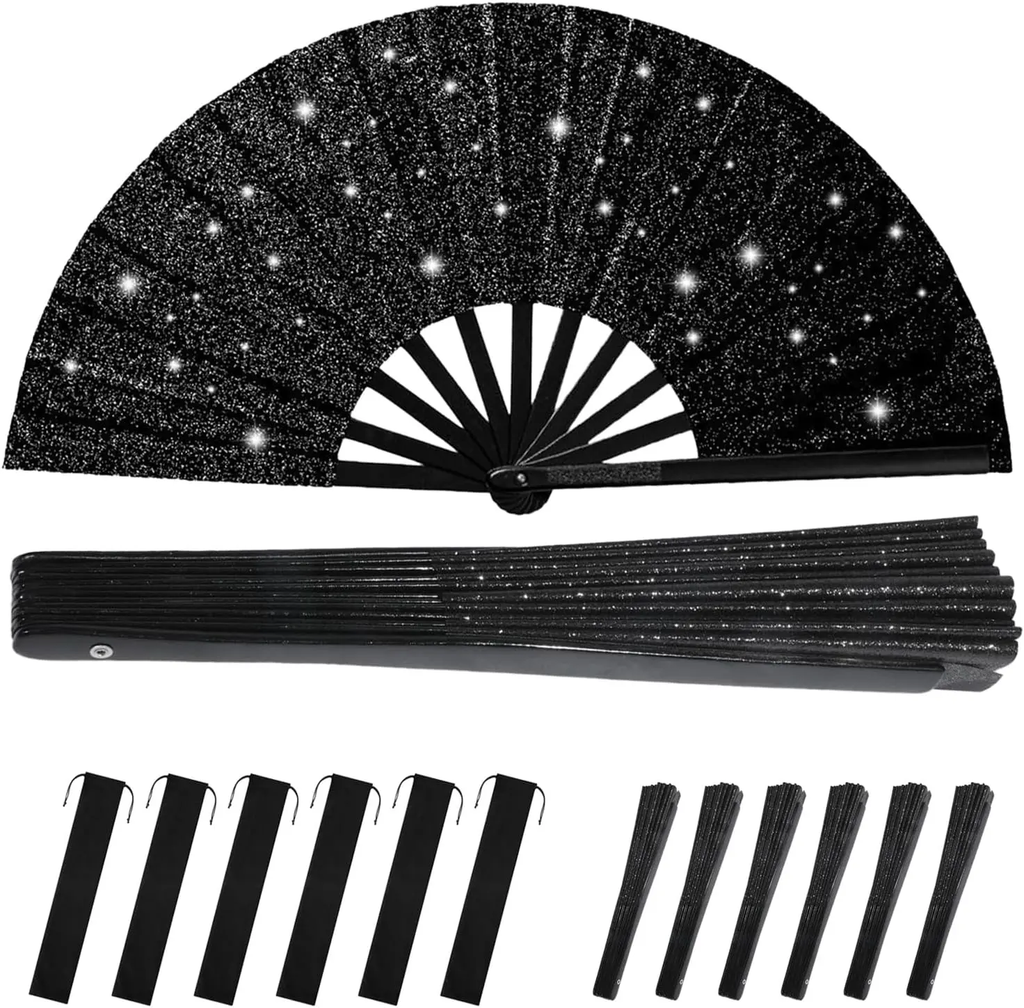 6 count Glitter Rave Fan,13in Large Folding Hand Rave Fan with 6 Fabric Case Bags, Clack Fans for Line Dancing,Music Festivals,Disco,Glow Party.(Glitter Black)
