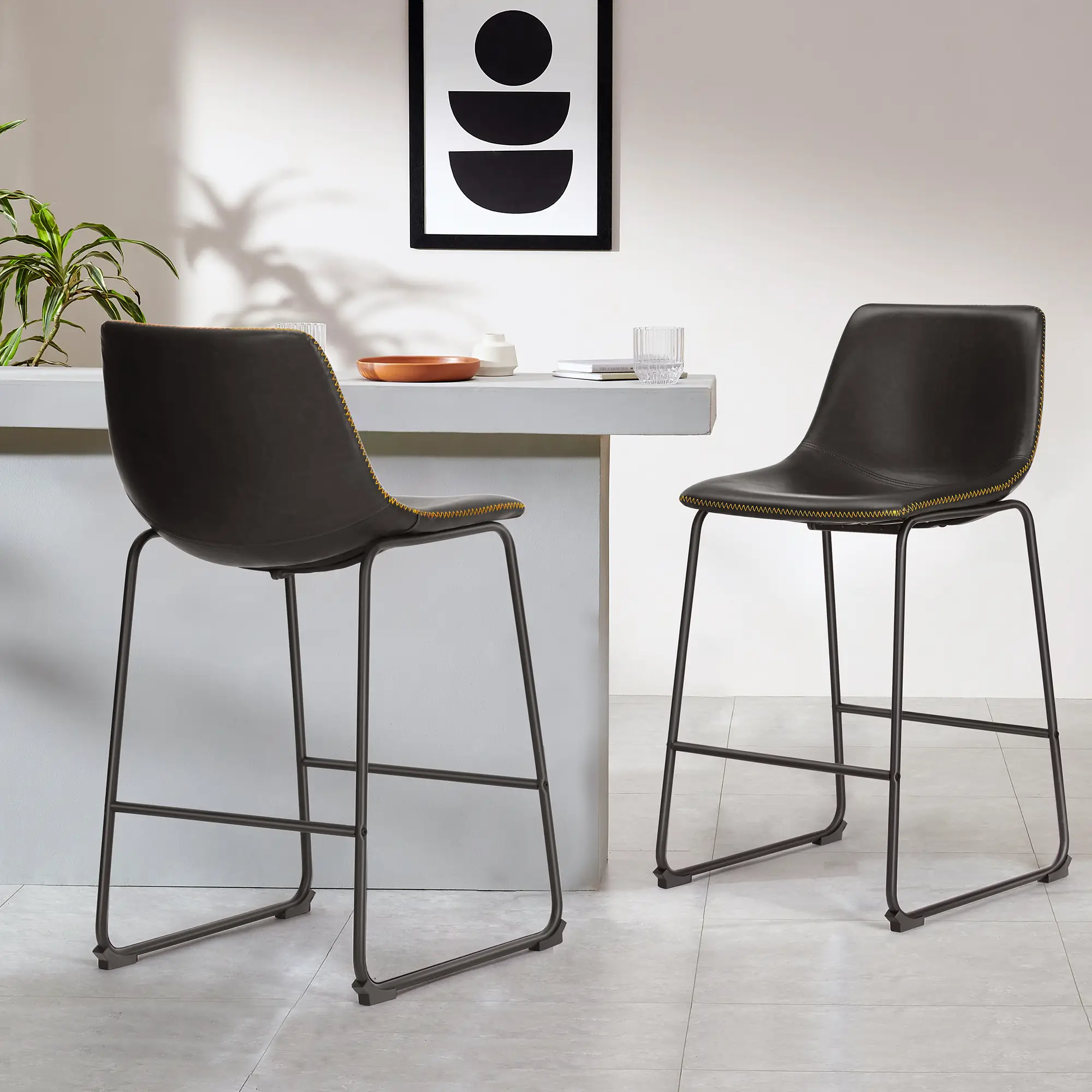 Sweet Furniture S - Counter Height Leather Barstools, Modern Bar Stools with Back, Counter Stool Armless Bar Chairs with Metal Legs