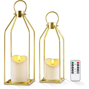 Modern Farmhouse Lantern Decor with Waterproof Flameless Candle & Remote Timer, 2PCS Gold Metal Candle Lantern Decorative for Outdoor Indoor Home Living Room Patio Porch Table (Gold)