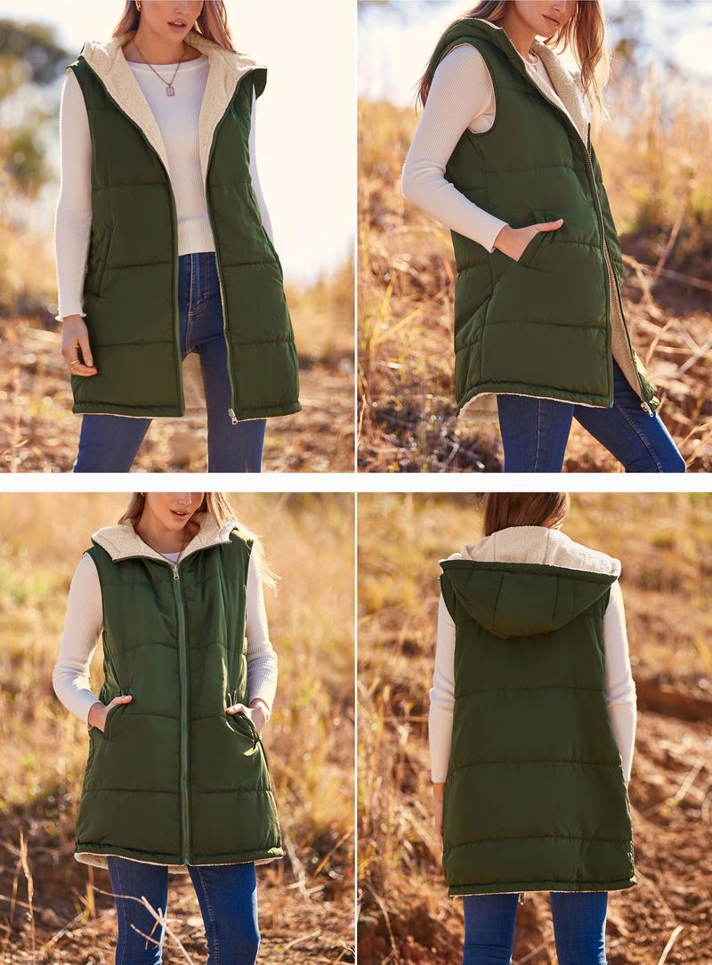 PRETTYGARDEN Women's Army Green Reversible Fleece Vest with Pockets & Hood Zip Up Long Outerwear Coats Machine Washable Minimalist Tops