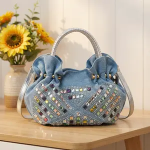 Women's Vintage Dumpling Bag with Adjustable Crossbody/Handbag Strap - Light Blue Retro Tote, Zipper Closure & Detachable Chain Strap, Polyester (or) for Casual & Special Occasions, Yiwu-Made Handbag