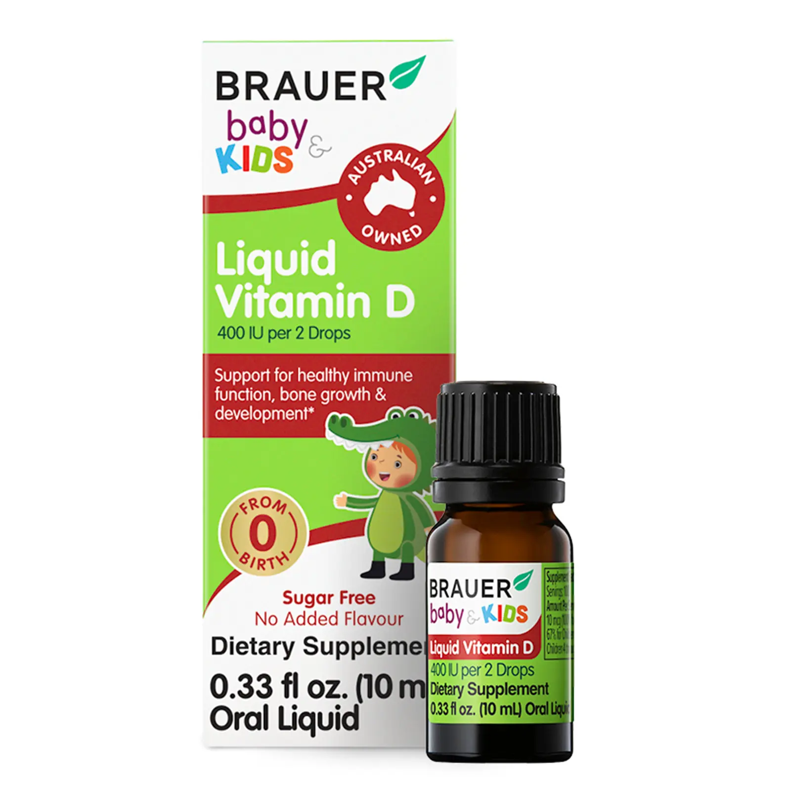 Brauer Baby & Kids Liquid Vitamin D3 Drops, 400 IU per 2 Drops, Sugar Free Dietary Supplement, 10 mL (0.33 fl oz)
