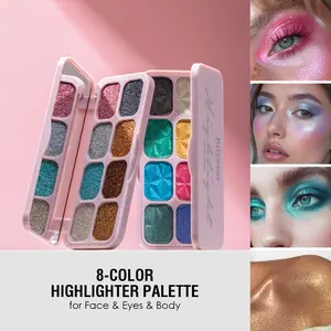 Multi in one glittering 8-color makeup palette Multi color eye shadow plate Purple rainbow eye makeup Gold glittering diamond mashed potato eye shadow Cold tone earth color, pure style makeup set with mirror Shimmering eyeshadow palette Eyeshadow Makeup