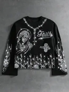 Men's "Faith" Rhinestone Long Sleeve Fitted Tee | Y2K Streetwear Waffle-Knit Top with Virgin Mary, Flame & Rosary Rhinestone Graphics | Textured Cotton Gothic Street Style for Gen Z Guys & Dark Fashion Enthusiasts