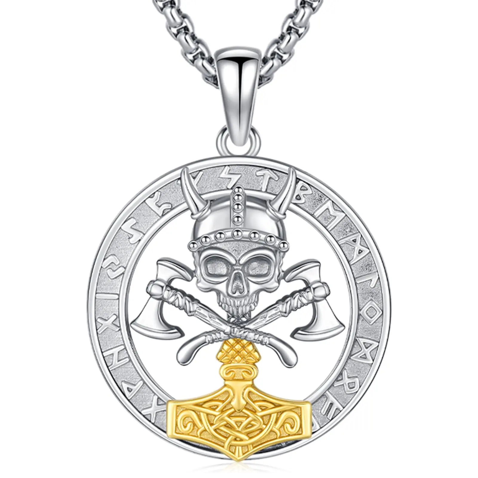 DRINSPER 925 Sterling Silver Viking Necklace, Norse Mythology Symbol Design, Thor's Hammer Pendant with Skull, Viking Helmet & Silver Cross Pendants, Skull Pendant, Viking Helmet Pendant