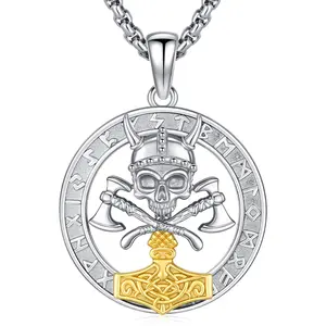 DRINSPER 925 Sterling Silver Viking Necklace Norse Mythology Symbol Design Ordin Necklace Thor's Hammer