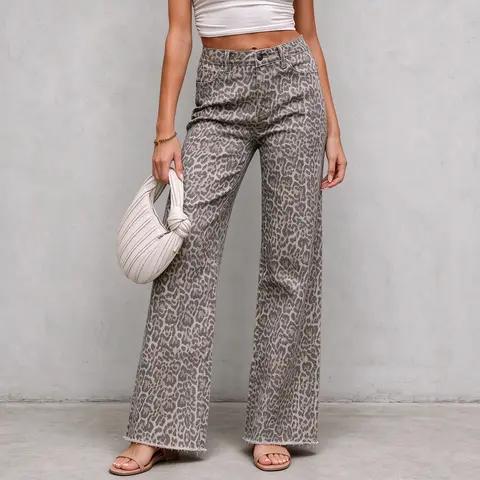 Lady's Fit High-Waist Brown Pink Leopard Print Wide-Leg Raw Hem Non-Stretch Denim Trousers, Comfortable Button-Style Long Denim Pants, Fashion Trending All-Seasons Streetwear Long Bottoms