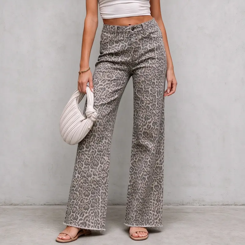 Lady's Fit High-Waist Brown Pink Leopard Print Wide-Leg Raw Hem Non-Stretch Denim Trousers, Comfortable Button-Style Long Denim Pants, Fashion Trending All-Seasons Streetwear Long Bottoms