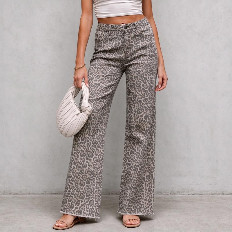 Lady's Fit High-Waist Brown Pink Leopard Print Wide-Leg Raw Hem Non-Stretch Denim Trousers, Comfortable Button-Style Long Denim Pants, Fashion Trending All-Seasons Streetwear Long Bottoms