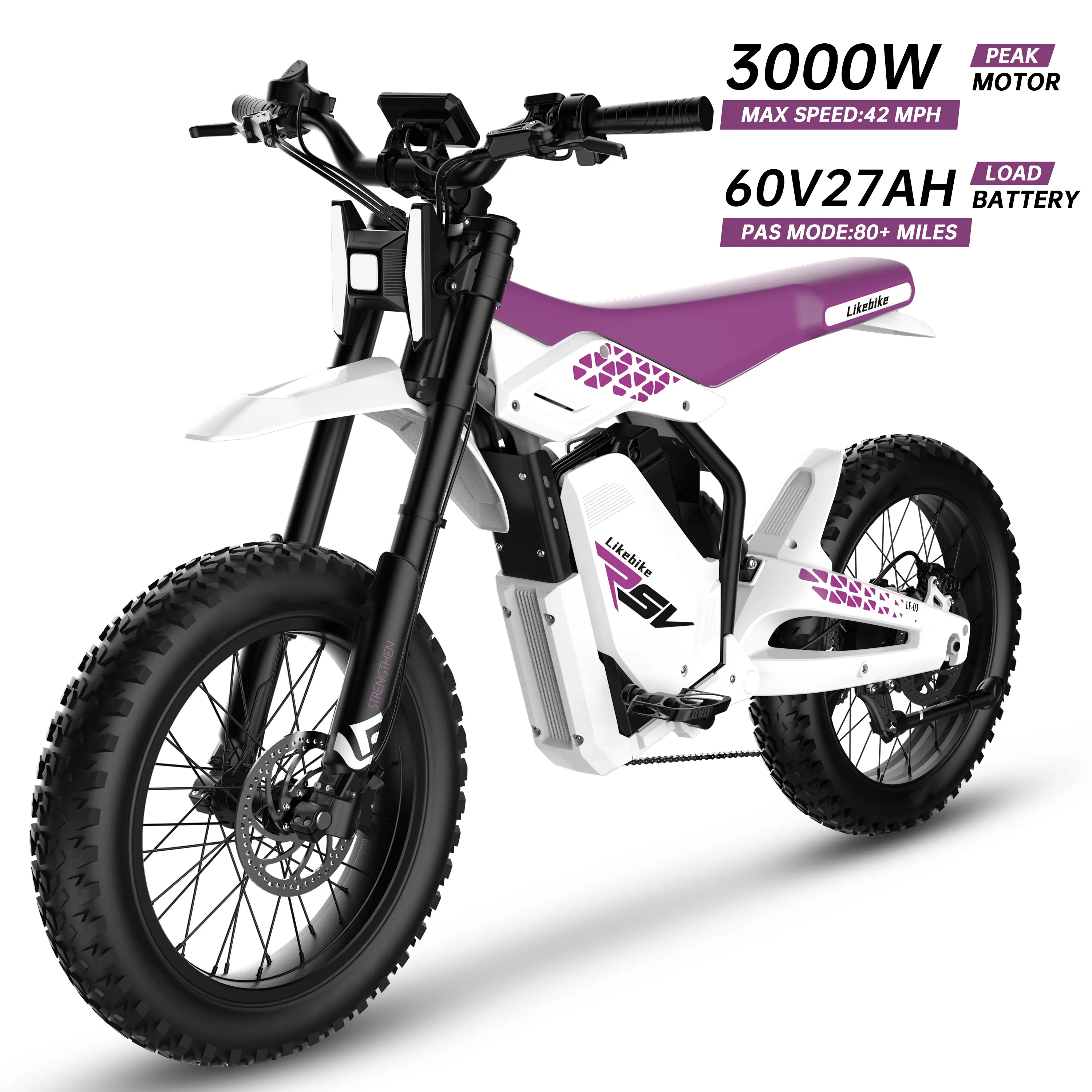 【Likebike LF03 Pro】All-Terrain 3000W Motor Electric Bike - 42MPH, 85 mi Range, 60V 27AH UL-Certified Removable Battery, Dual Suspension, 20" Tires, Hydraulic Brakes, NFC Unlock, 30-Min Assembly for Off-Roading & Mountain Trails, Hydraulic Brake, Trail Rid