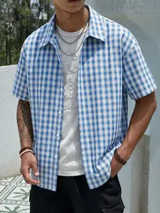 Men's Trendy Fashion Plaid Gingham Single Button Short Sleeve Shirt, Versatile Casual Wear, No Lining, Perfect for Daily