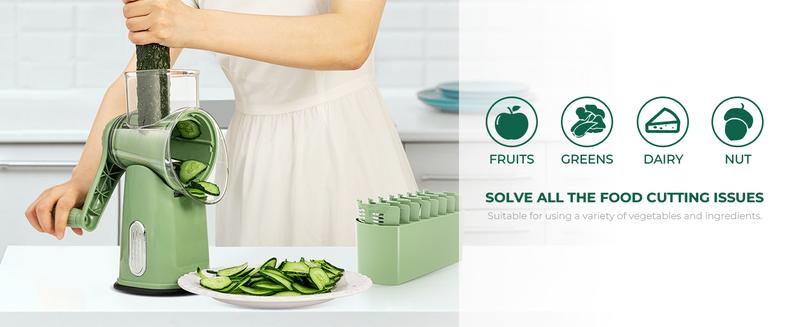 SUSTEAS Rotating Food Grater Chopper with Handle, with 5 Well-Designed Blades and Strong Suction Cup Base, Comes with 1 Blade Storage Box Vegetable Cutting Slicer Vegetable Slicer Dicer Kitchen Utensils Vegetable Fruit Cutter