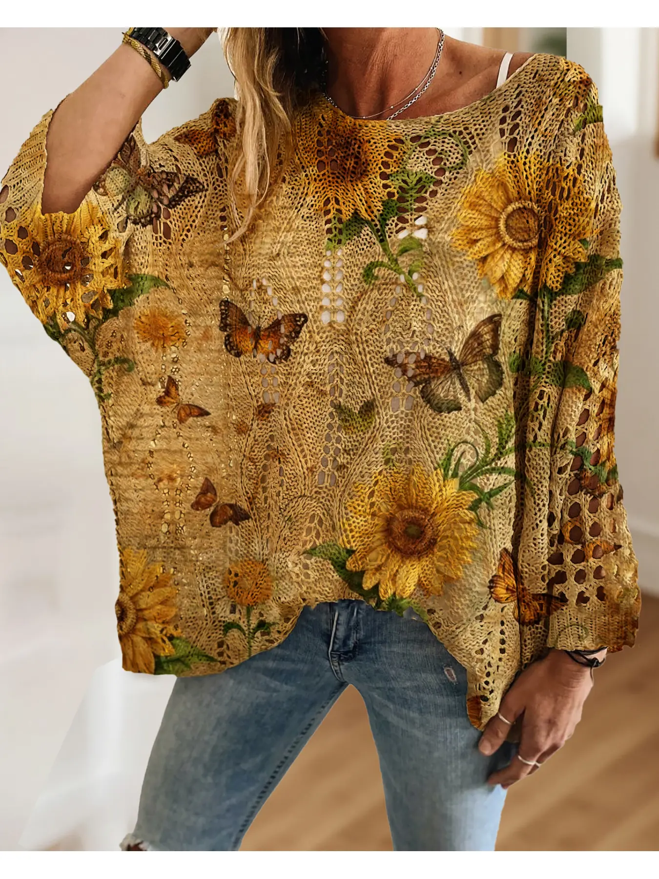 Women's Sunflower Floral Butterfly Print Long Sleeve Knit Hollow Out Top, Casual Elegant Vacation Style Sweater, Comfortable Breathable Loose Fit