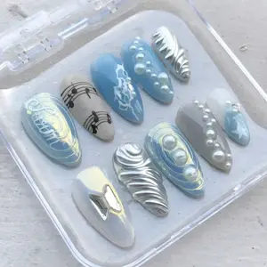 Kpop Inspired Press On Nails  Blue Ocean Chrome Pearl Detail Set