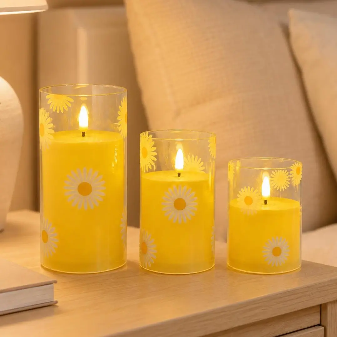 Daisy-Themed Flameless LED Pillar Candles 3-Piece Set, Battery-Powered with Realistic Flickering Warm Yellow Light, 3 Sizes for Bedroom, Dining Table Home Decor