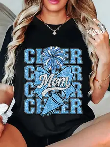 100% Cotton Cheer Mom Mama Bow Sport Cheerleading Squad Blue Cheerleader T-Shirt