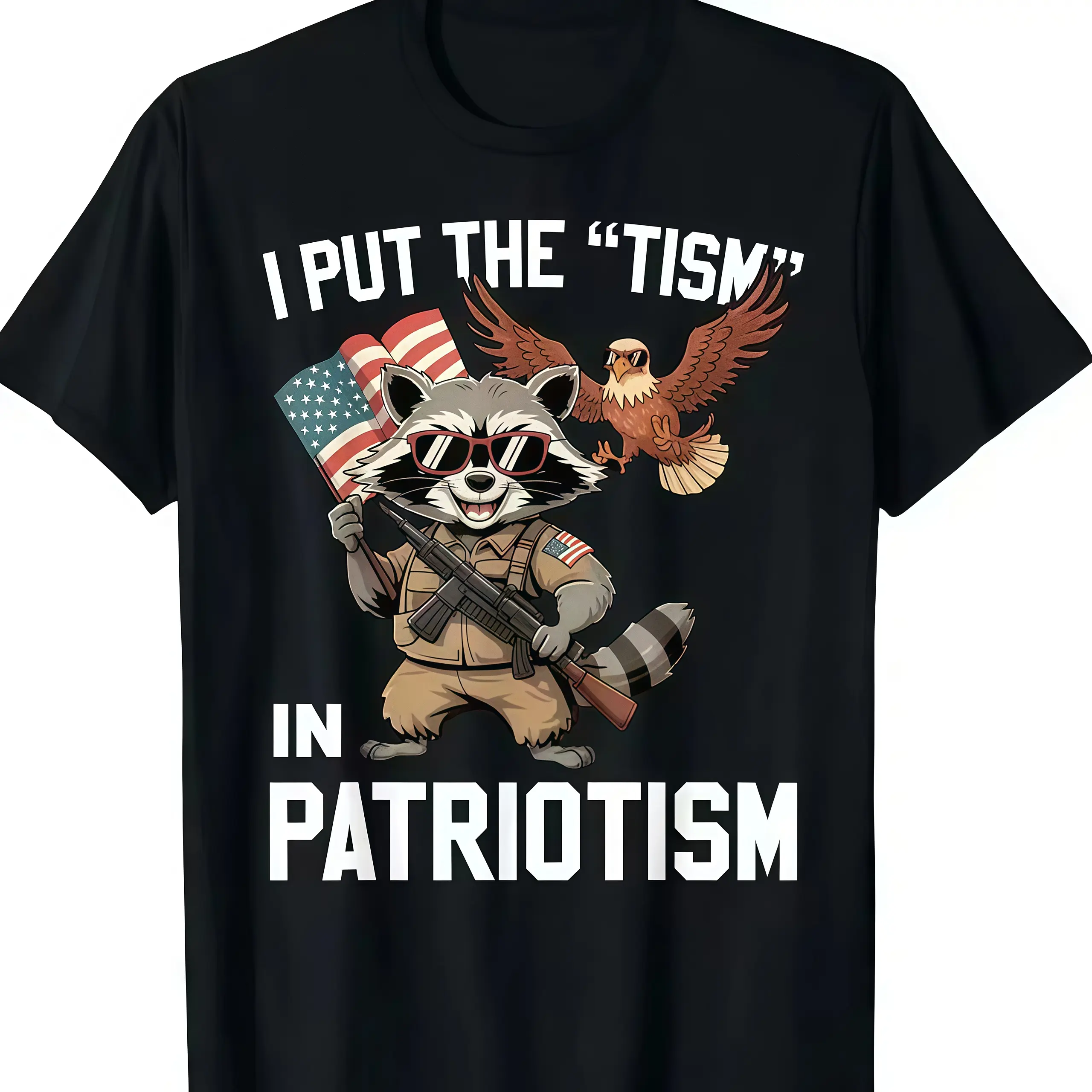 Graphic T-Shirt with Funny Raccoon "I Put the Tism in Patriotism" Print, Unisex Retro Cotton Classic Fit Tee, Breathable Short Sleeve Daily Look Streetwear, Graphic Print, Tshirt, Round Neck, Soft