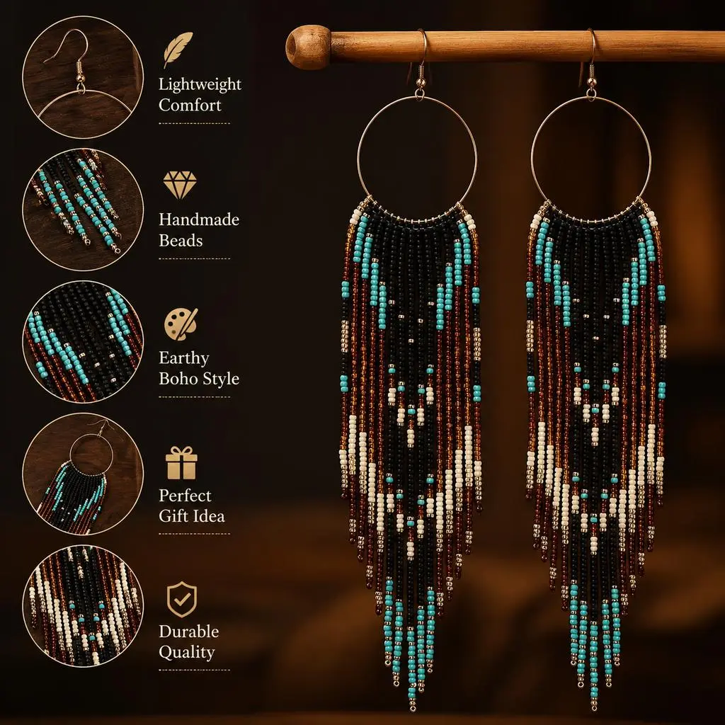Bohemian Handmade Beaded Tassel Earrings | Retro Round Black, Brown, and Green Color-Blocked Long Tassel Earrings, Fashionable Women's Earrings, New Spring/Summer Earrings, Versatile Style, Suitable for Everyday Wear and Vacations. accessories women men