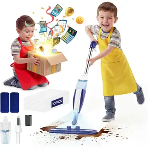 Kids Spray Mop - Chores Chart Set Montessori Cleaning Toy Set with Real Water Sprayer 2PCS Washable Pads and 10PCS Disposable Mop Pads for Ages 3-8 (Blue)