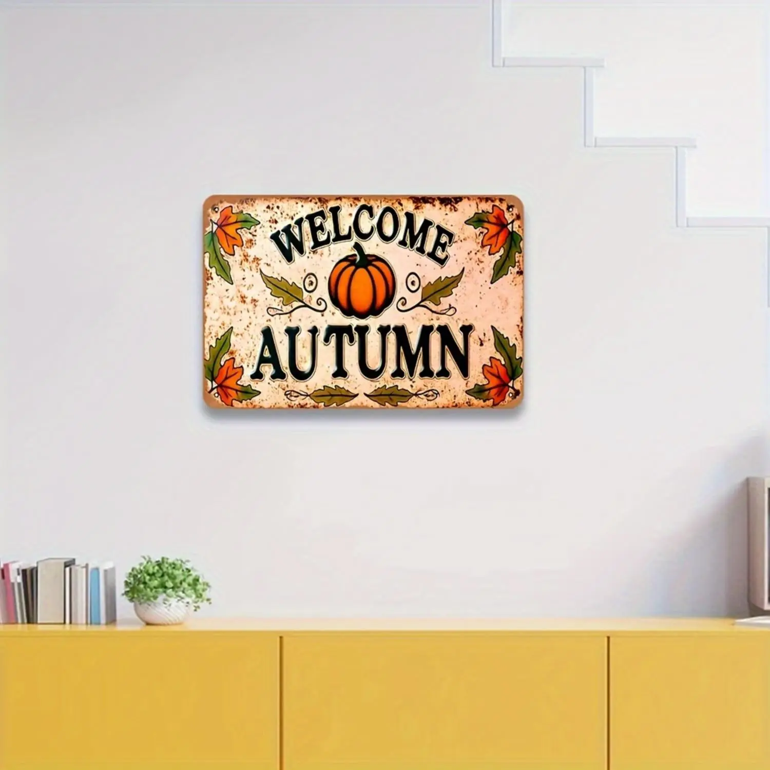 2D Flat, Vintage Autumn Welcome Metal Sign- Rustic Orange Pumpkin& Fall Foliage Design, Perfect for Home, Cafe, or Garage Decor, Easy to Hang,Seasonal Home Accent| Vintage Aesthetic| Easy Hang Feature, Fall Decorations Autumn. Halloween decorations