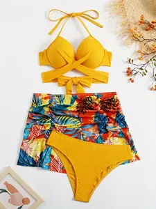 Hardback Gathered Bow Cross Belt Halter Skirt Bikini Set, Summer Beachwear, Women's Swimwear, Casual Fashion