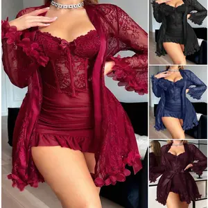 2 pcs Lingerie For Women Womens Lace Bodysuit Sexy Nighty Mesh Sleepwear V Neck Chemise Nightgowns