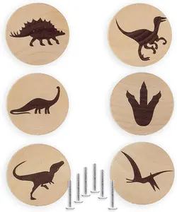 6PCS Round Natural Wood Nursery Dinosaur Door Handle Dresser Jungle Animal Baby Room Furniture Knobs for Drawers Kids Cabinets Pull