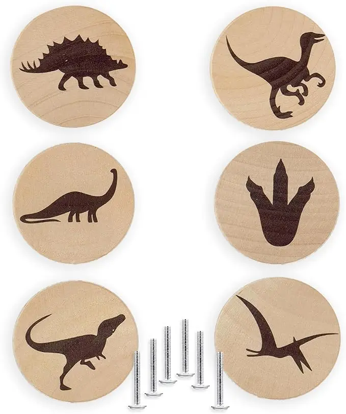 6PCS Round Natural Wood Nursery Dinosaur Door Handle Dresser Jungle Animal Baby Room Furniture Knobs for Drawers Kids Cabinets Pull