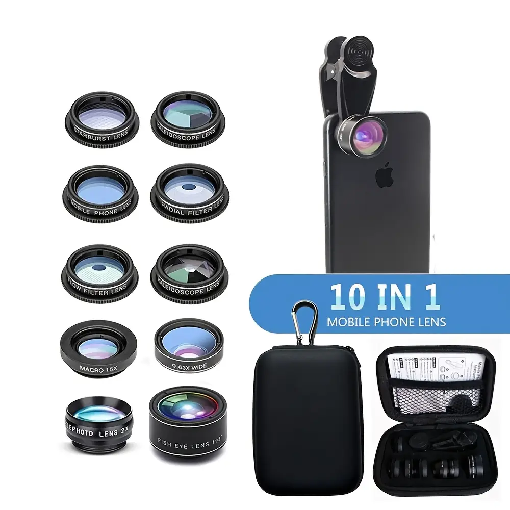 10 in 1 Smartphone Lens Kit Including Fisheye, Wide-Angle, Telephoto, And Macro Lenses with Filters, Compatible with Iphone 14, 13 Pro, Samsung, Xiaomi, And All Smartphones; a Great Gift for Birthdays, Easter, Boys, Or Girlfriends