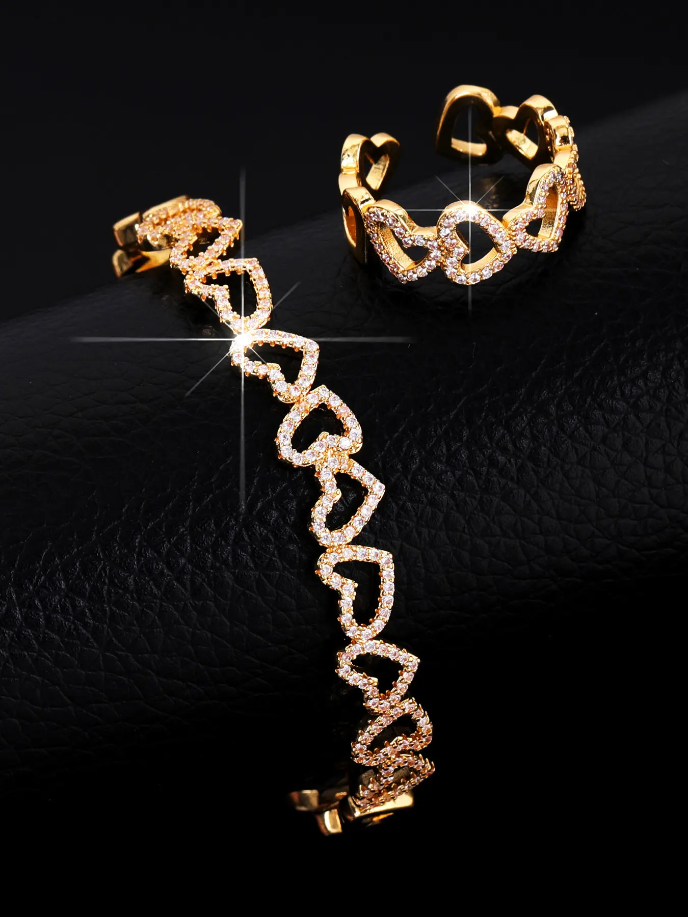 2-Piece Sweet & Luxe Style Bracelet & Ring Set, Copper with Micro-Paved Zircon, Linked Heart Design, Adjustable Open Cuff, for Women, Trendy Fashionable Jewelry Set