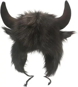 Faux Fur Trooper Hat for Women Men Furry Buffalo Hat with Horns Furry Earmuff Winter Trooper Hats Fluffy Earflap Hat 2023