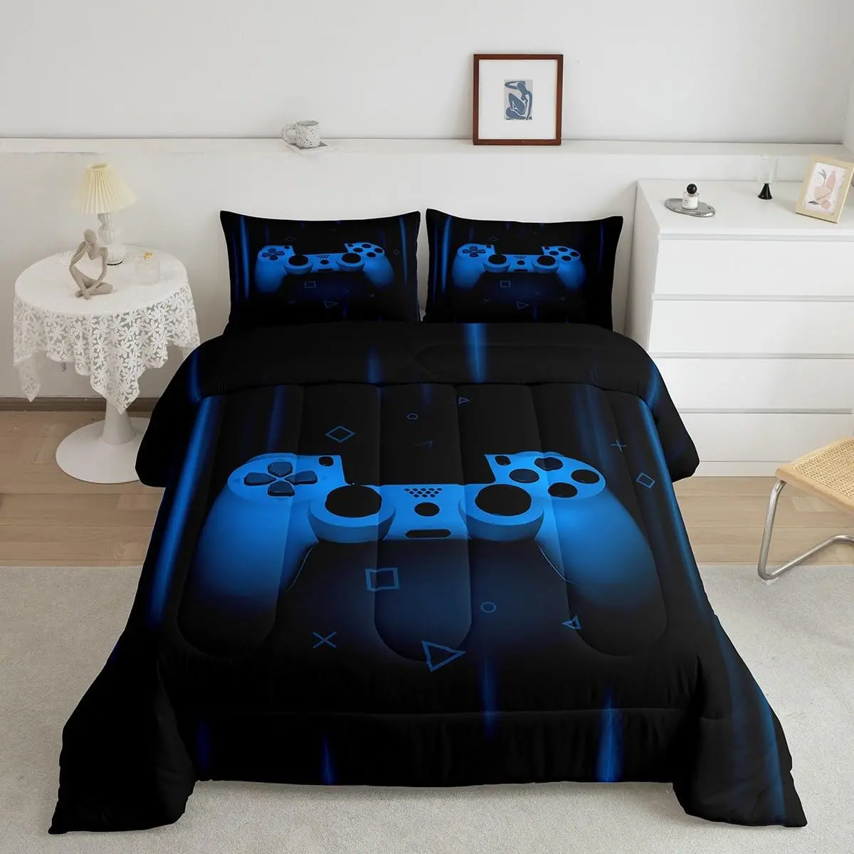 Feelyou Geometric Shapes Sports Theme Quilted Duvet Set - Breathable, Soft Blue Black Gamer Bedroom Bedding, Multi-Size, Machine Washable Bed Comforter Sets for Teens, Bedroom Bedding Set