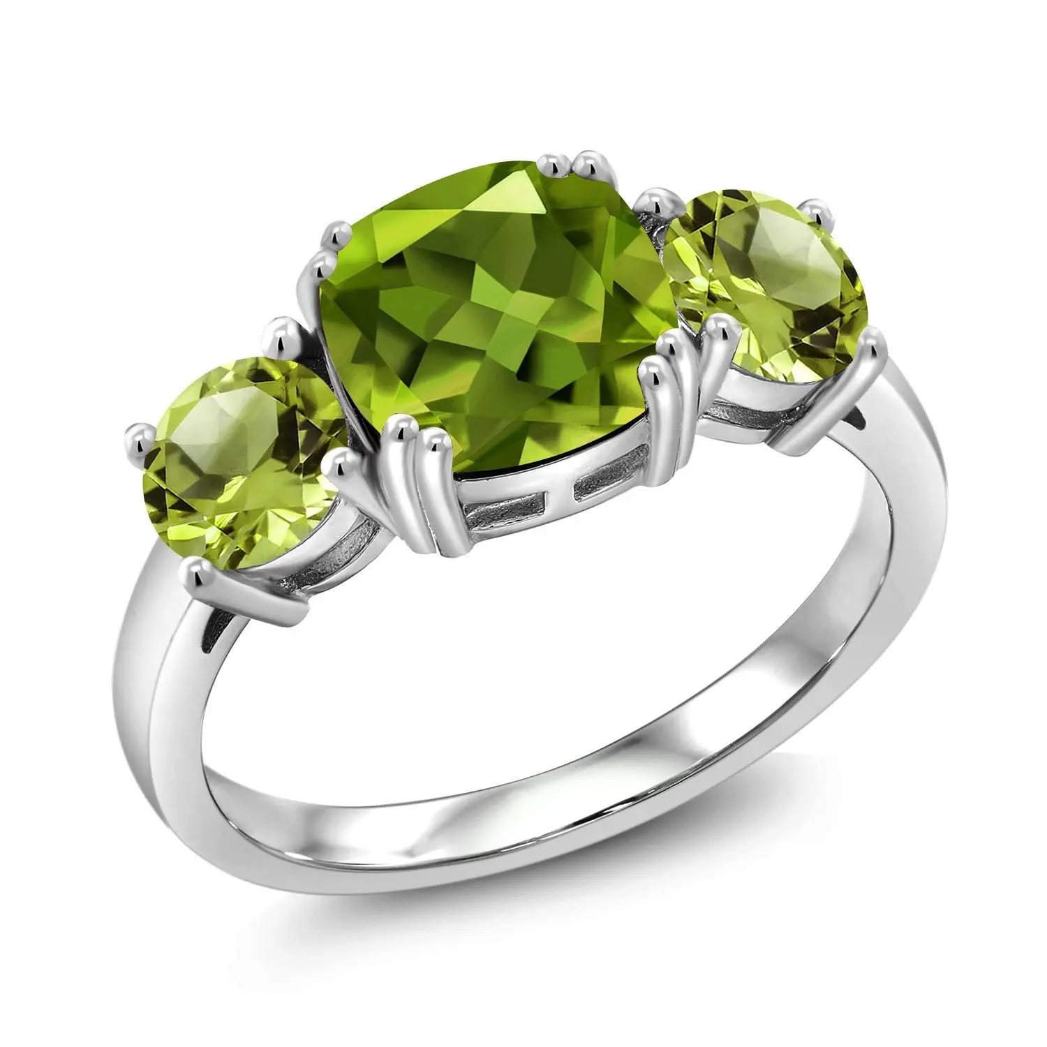 3.45 Cttw Green Peridot 3-Stone Engagement Ring For Women | 925 Sterling Silver  | Gemstone August Birthstone | Cushion 8MM | Three Stone Wedding Anniversary Promise Ring