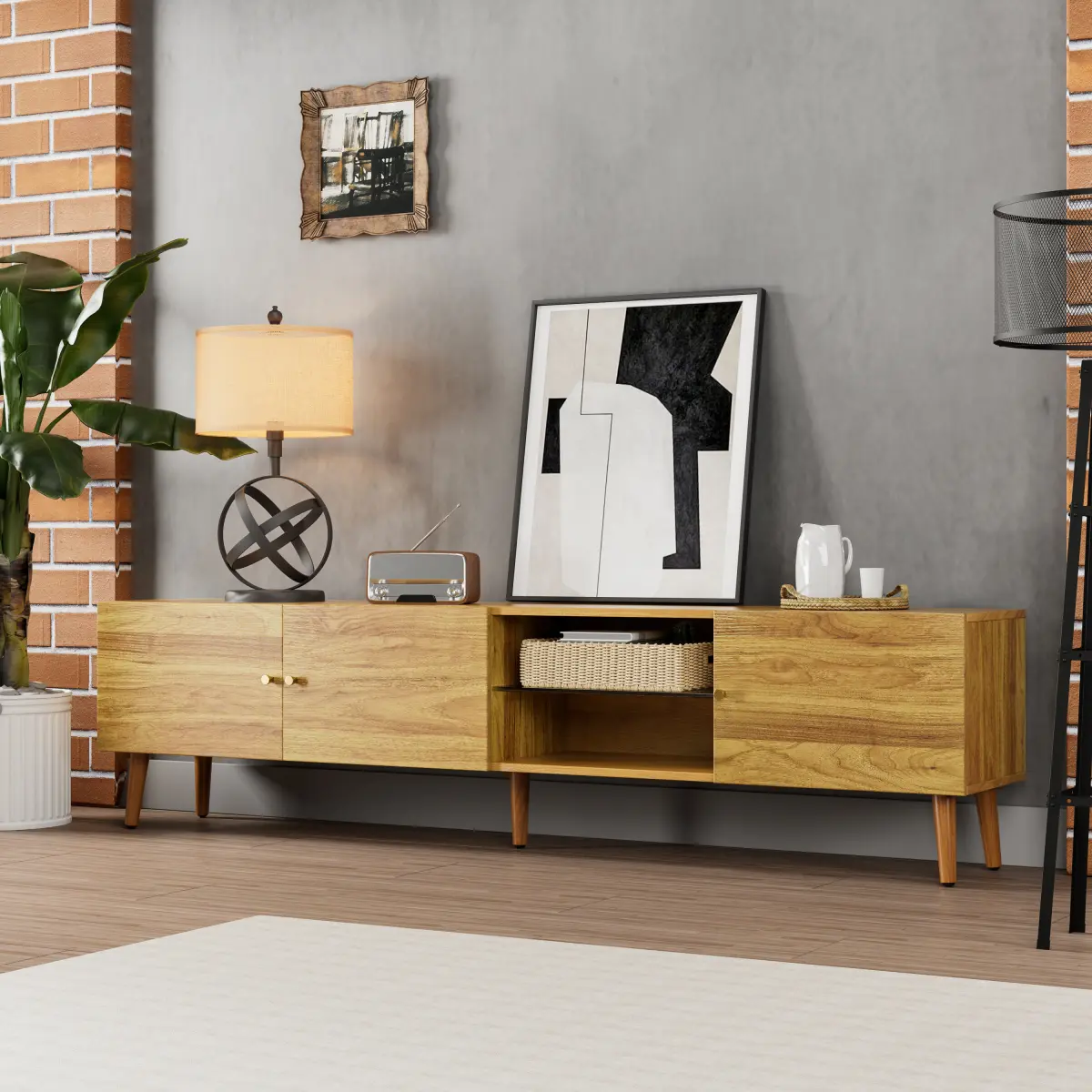 Oak Mid-Century TV Stand - 69x11.7x16.4in High-Quality MDF, Tapered Pine Legs, 120LBS Capacity, Fits Up to 70in TV, 3-Door Design, Open Shelf, Cord Hole, Easy Assembly Cord-Hiding Multimedia Centre for Living Room, Cord-Hiding Tv Stands & Multimedia Centr