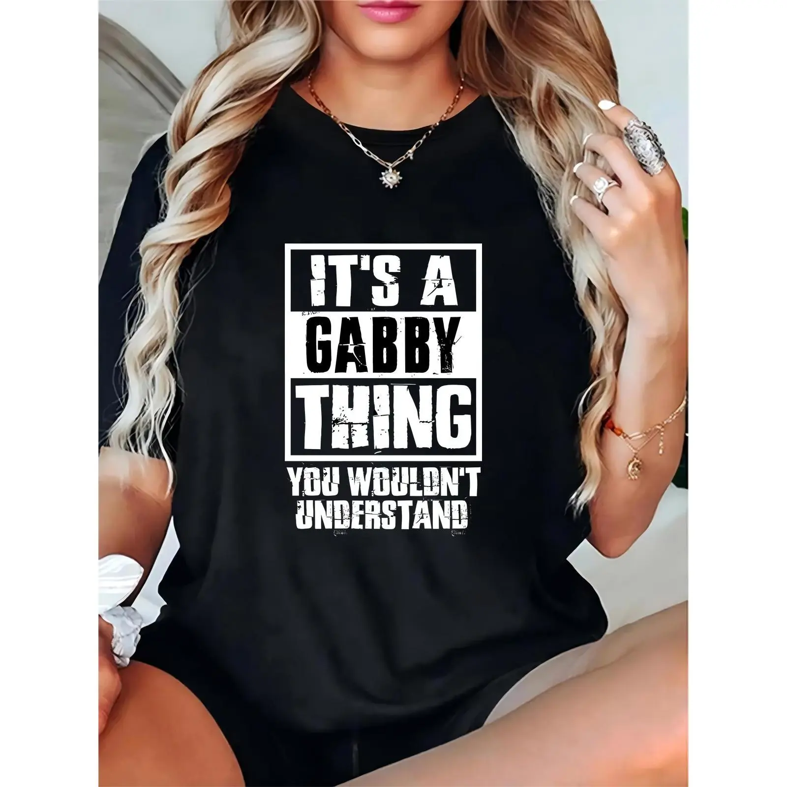 Women's Crew Neck Short-Sleeve Distressed Black Cotton T-Shirt - "It’s a Gabby Thing You Wouldn’t Understand", 100% Cotton, Lightweight, Breathable, Comfortable Fit, Casual Wear, Gift for Gabby Enthusiasts, Top, Shortsleeve, Round Neck, Tshirt, Relaxed Fi