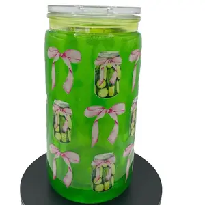 16oz Snow Globe Pickles Designed Drink Cup with Green Wrap and Pink Bow Pattern Bottle Water Bottles Mug Tumbler Drinkware Washable Portable Reusable Bottled